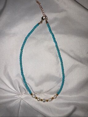 Turquoise Beaded Necklace with Pearl & Gold Accents